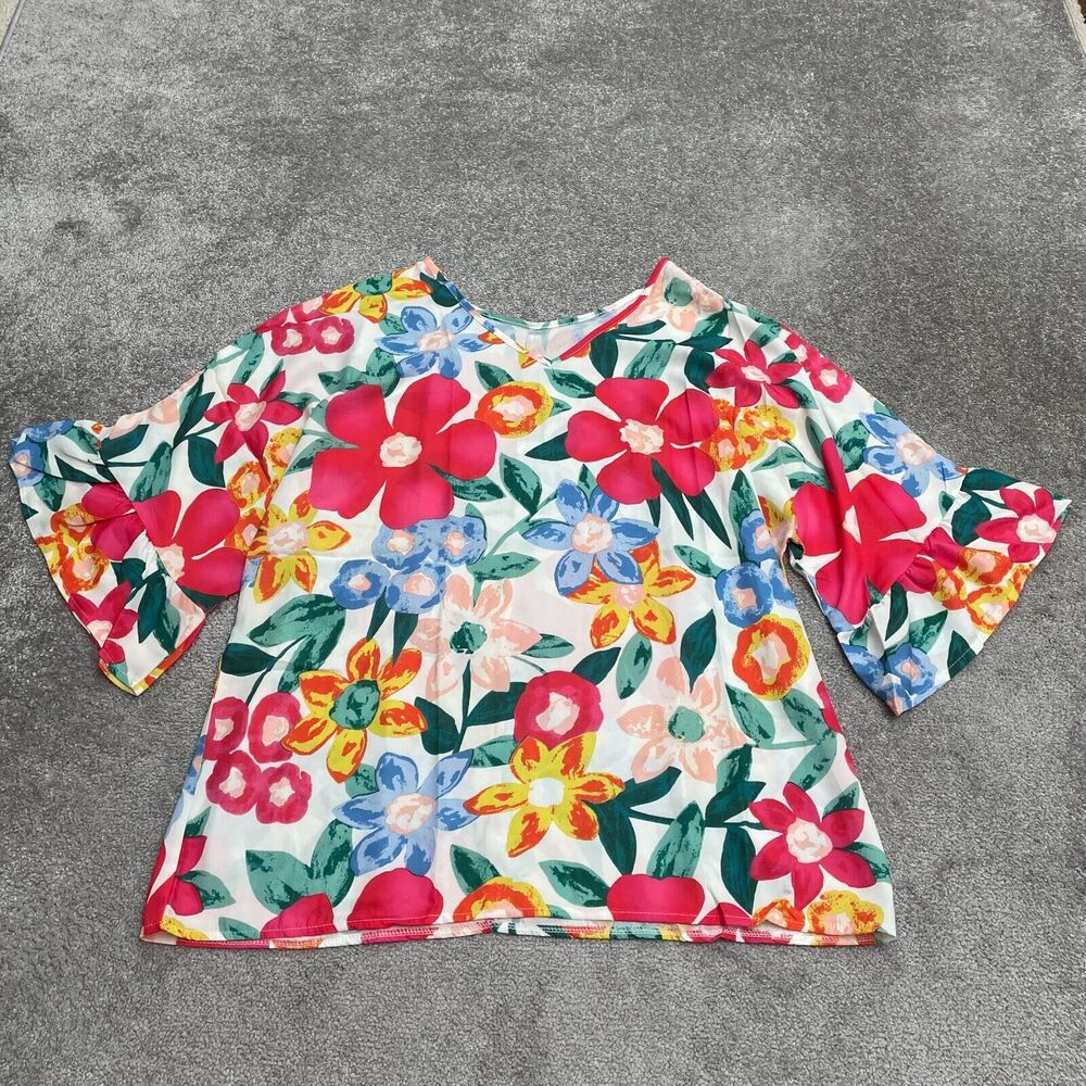 Unbranded Floral Blouse Womens 2XL Multicolor V-Neck Bell Sleeve Summer Top NWT